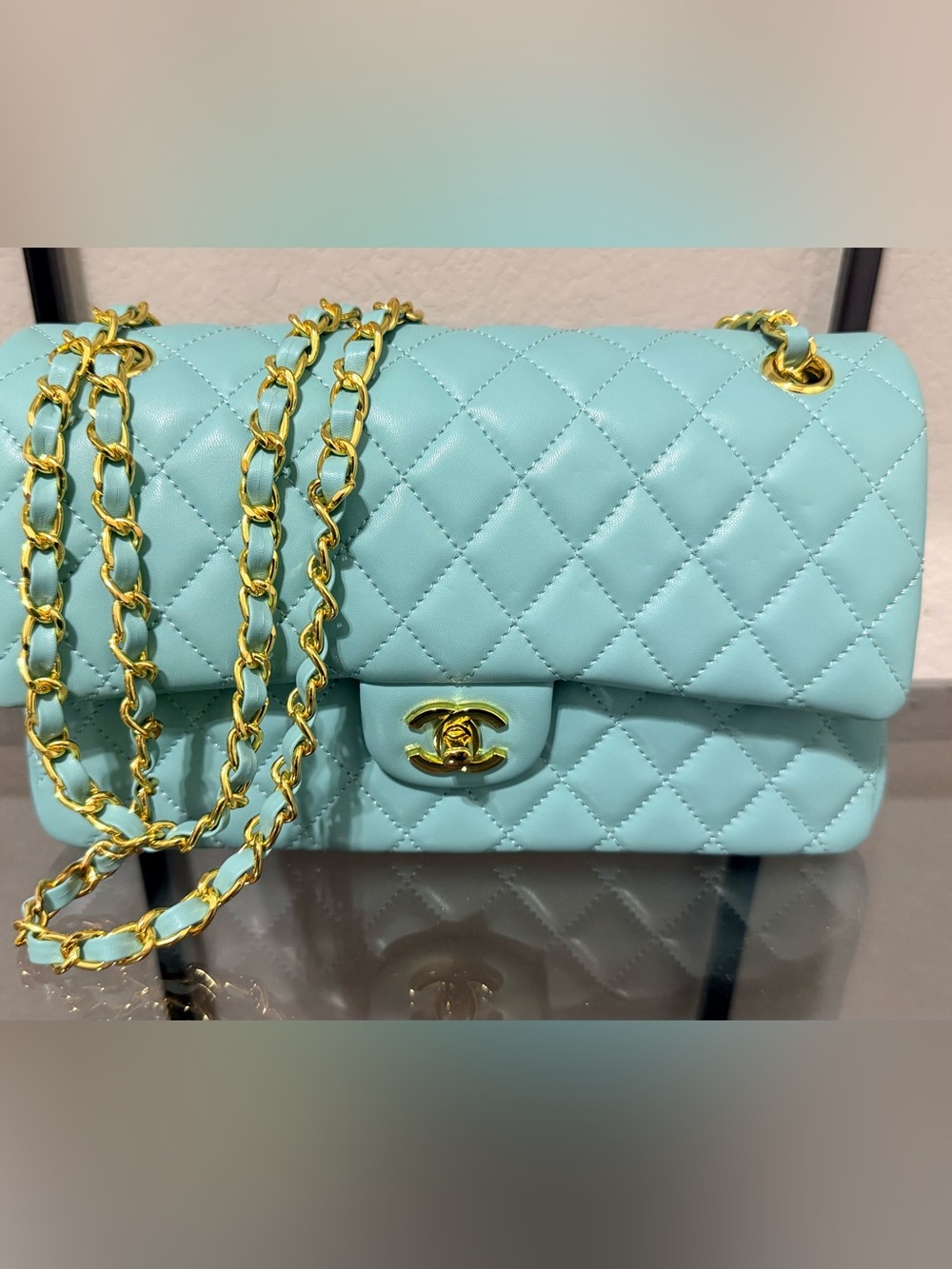 Quilted Shoulder Bag in Mint Blue with Gold Hardware